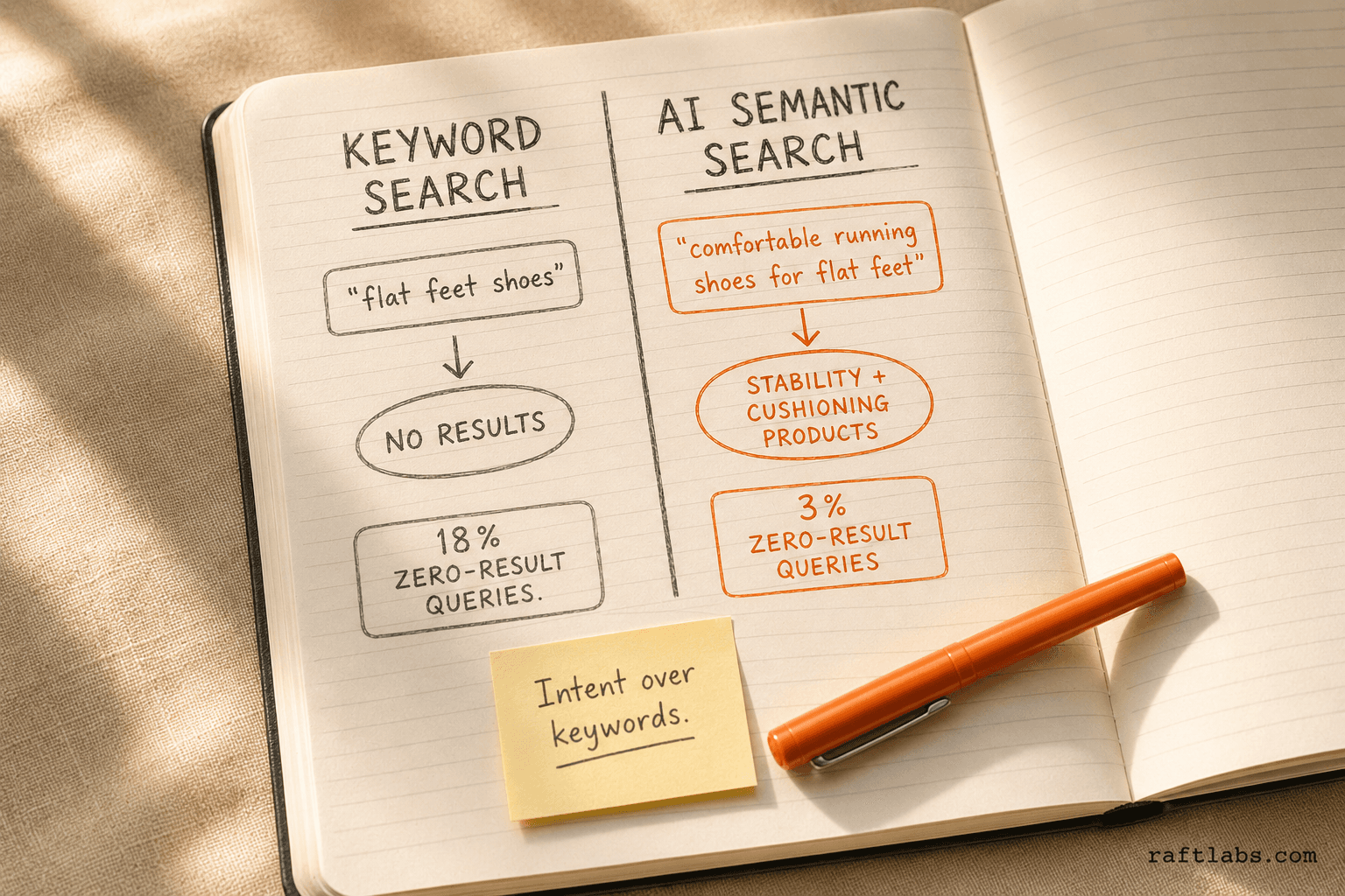 Notebook diagram comparing keyword search zero-result failures versus AI semantic search that maps natural language queries to relevant products