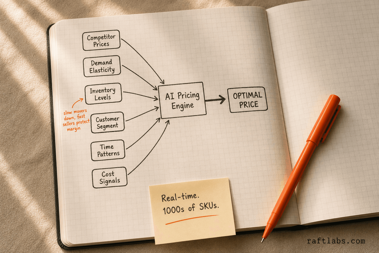 Hand-drawn diagram showing six inputs - competitor prices, demand elasticity, inventory levels, customer segment, time patterns, and cost signals - converging into an AI pricing engine that outputs an optimal price.