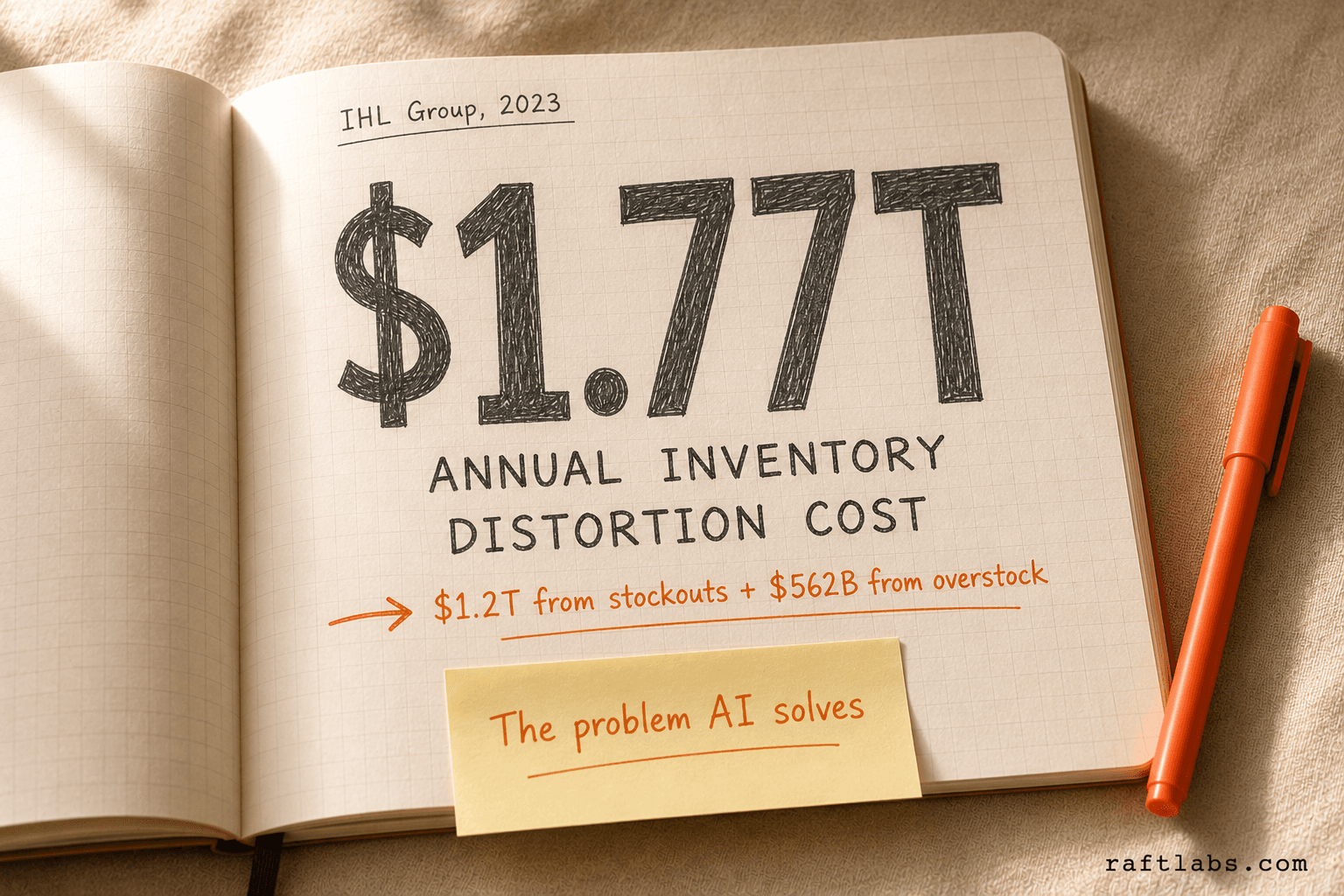 Notebook stat callout showing $1.77T - the annual global cost of inventory distortion from stockouts and overstock, per IHL Group 2023.