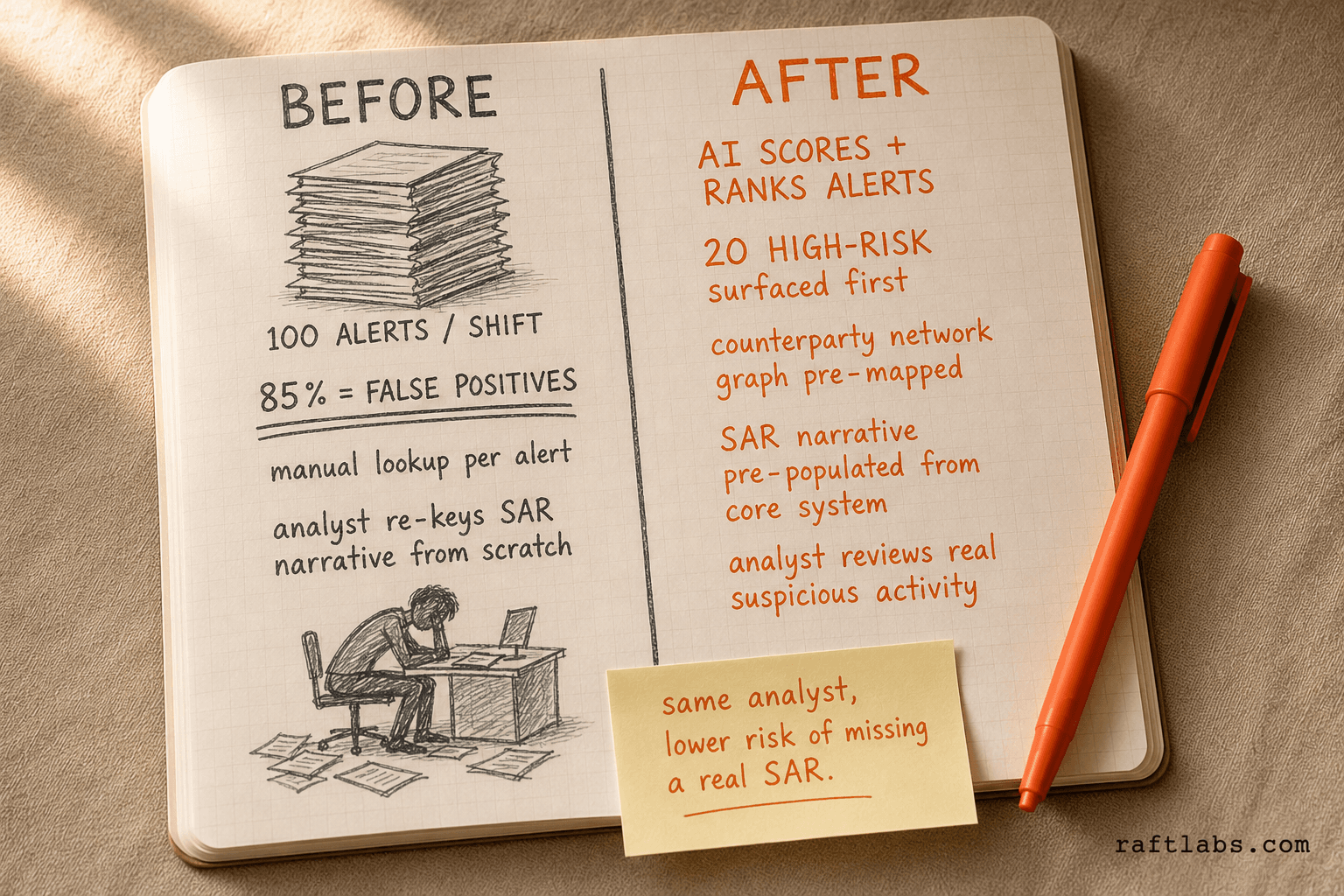 AML triage before and after AI: analyst shifts from clearing 85% false-positive alerts manually to reviewing a pre-prioritised high-risk queue with pre-populated SAR narratives
