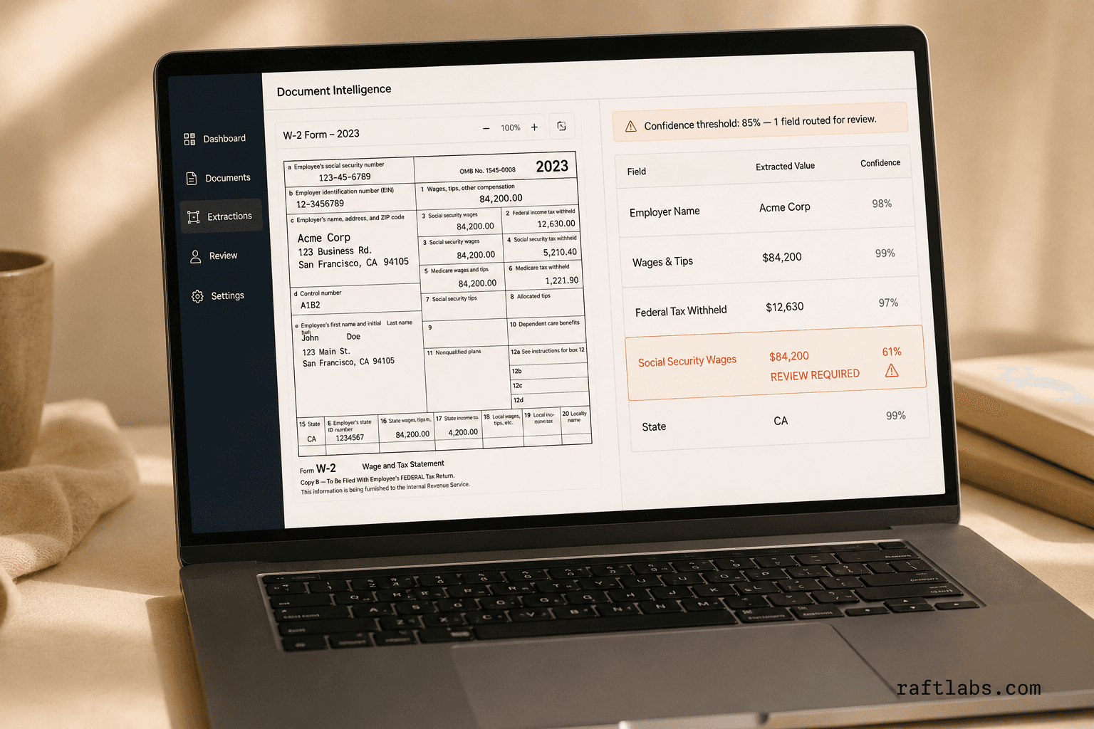 A laptop screen showing an AI document extraction dashboard processing a W-2 form, with confidence scores per field and one low-confidence field flagged for human review