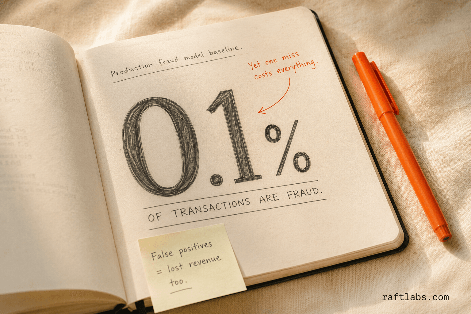 A notebook showing the statistic that only 0.1% of transactions are fraud, with an orange annotation highlighting the cost of false positives