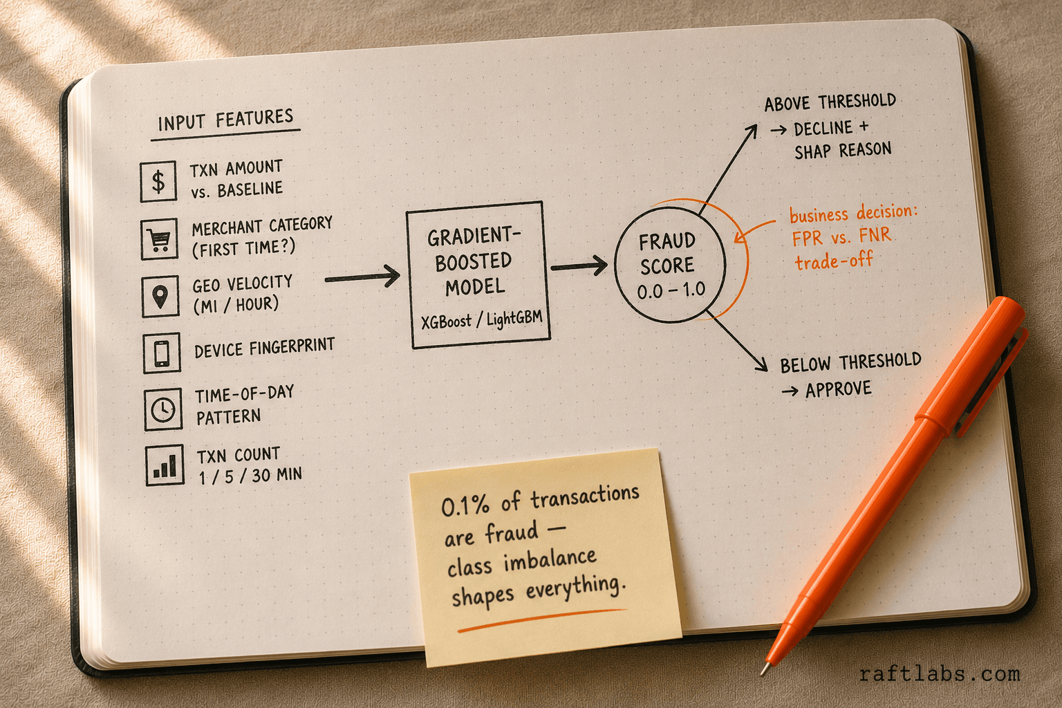 Fraud scoring pipeline: transaction features feed into a gradient-boosted model to produce a fraud score, with a threshold decision branching into approve or decline with SHAP explanation