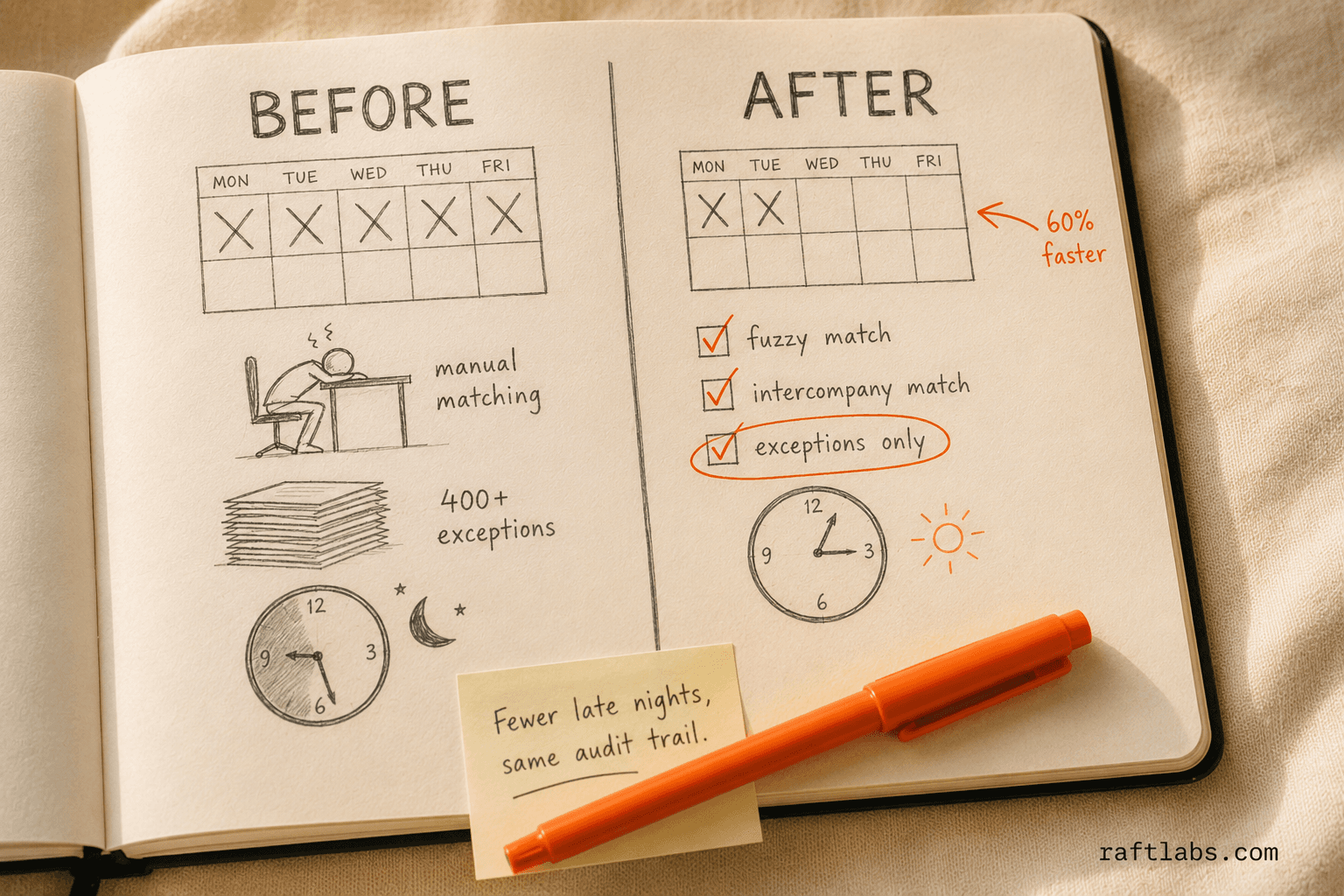 A notebook split into Before and After columns showing month-end close dropping from 5-7 days to 2-3 days with AI reconciliation, orange highlights marking the improvements
