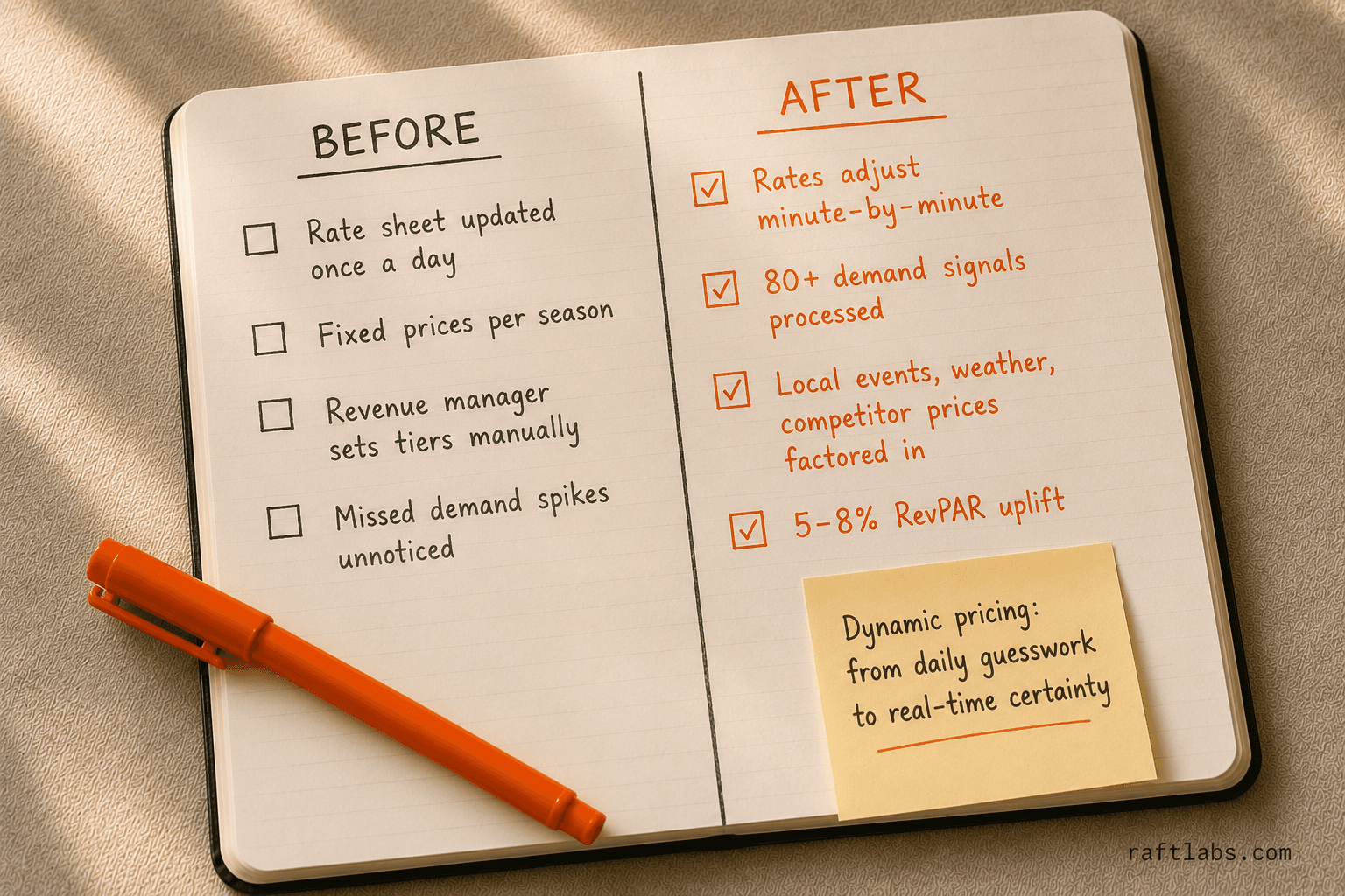 Before and after AI dynamic pricing: static daily rate sheets replaced by real-time minute-by-minute optimization