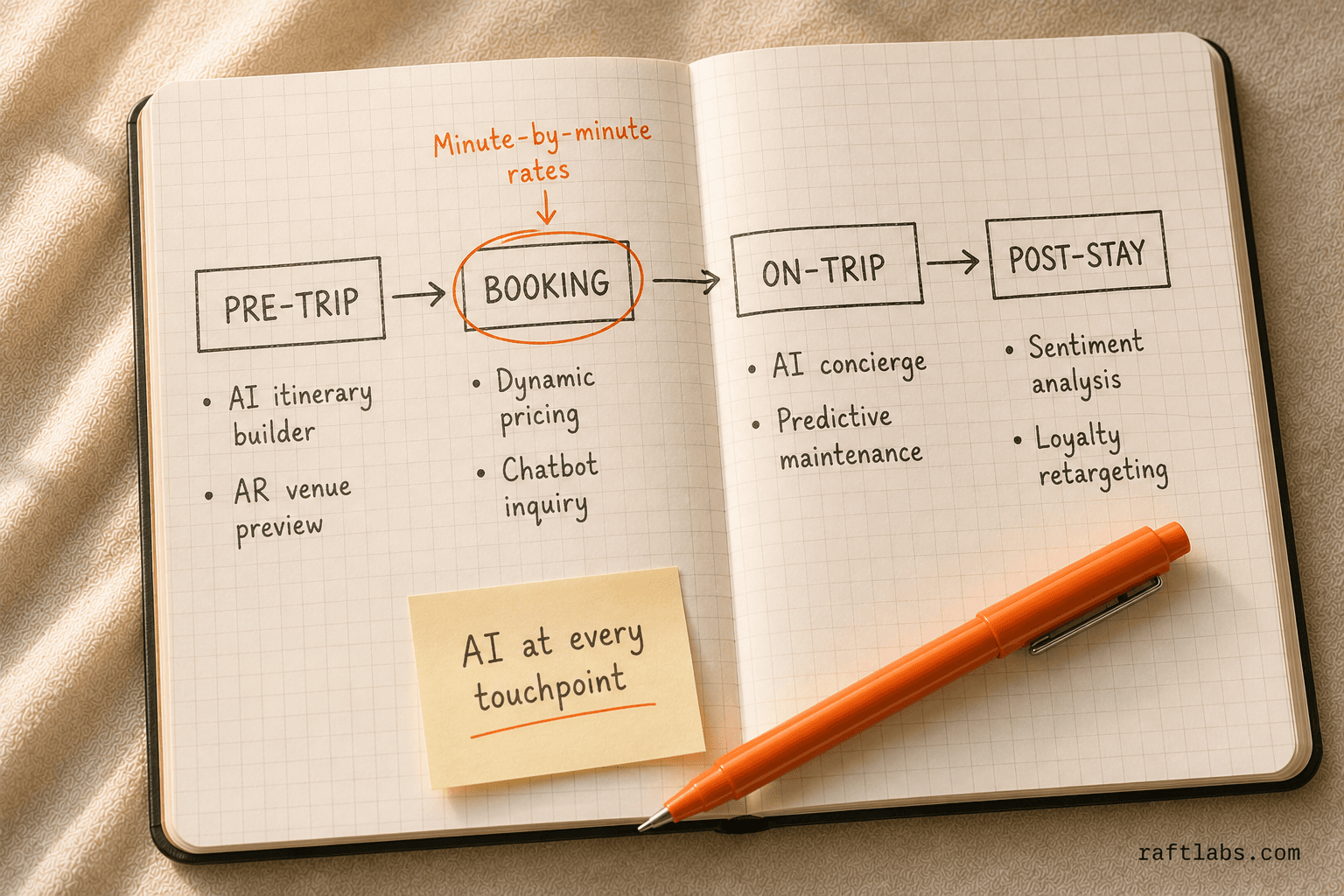 The four-stage AI guest journey: pre-trip, booking, on-trip, and post-stay touchpoints