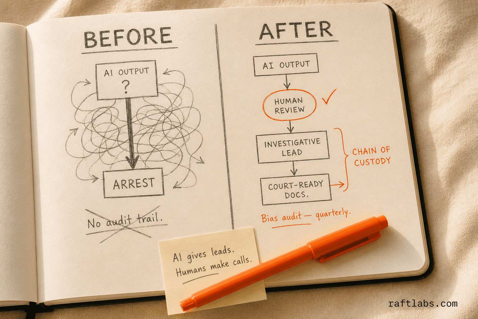 Before and after: AI forensics without guardrails versus a proper human-review chain-of-custody workflow