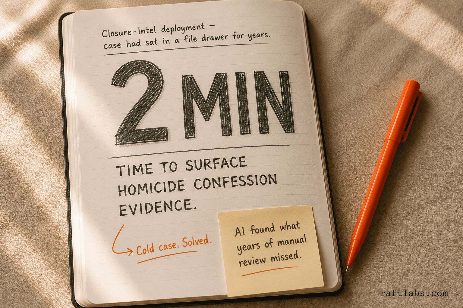 Stat callout showing 2 minutes — the time Closure-Intel took to surface homicide confession evidence from a cold case that had sat unresolved for years