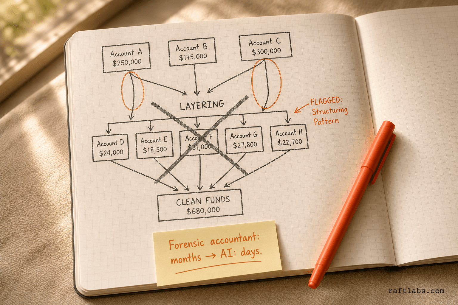 Notebook diagram showing how AI traces money laundering flow through layering and structuring — flagging fraud patterns that take forensic accountants months to map manually