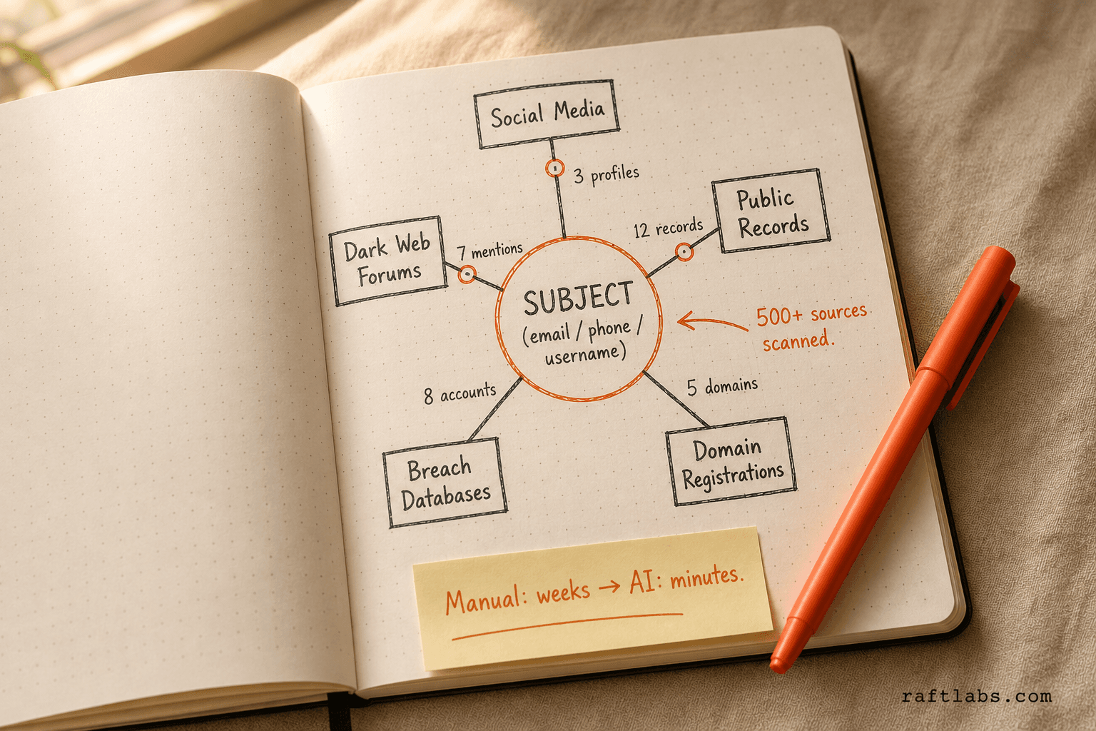 OSINT subject relationship network map showing how AI connects email, phone, and username to 500+ data sources including social media, public records, and breach databases