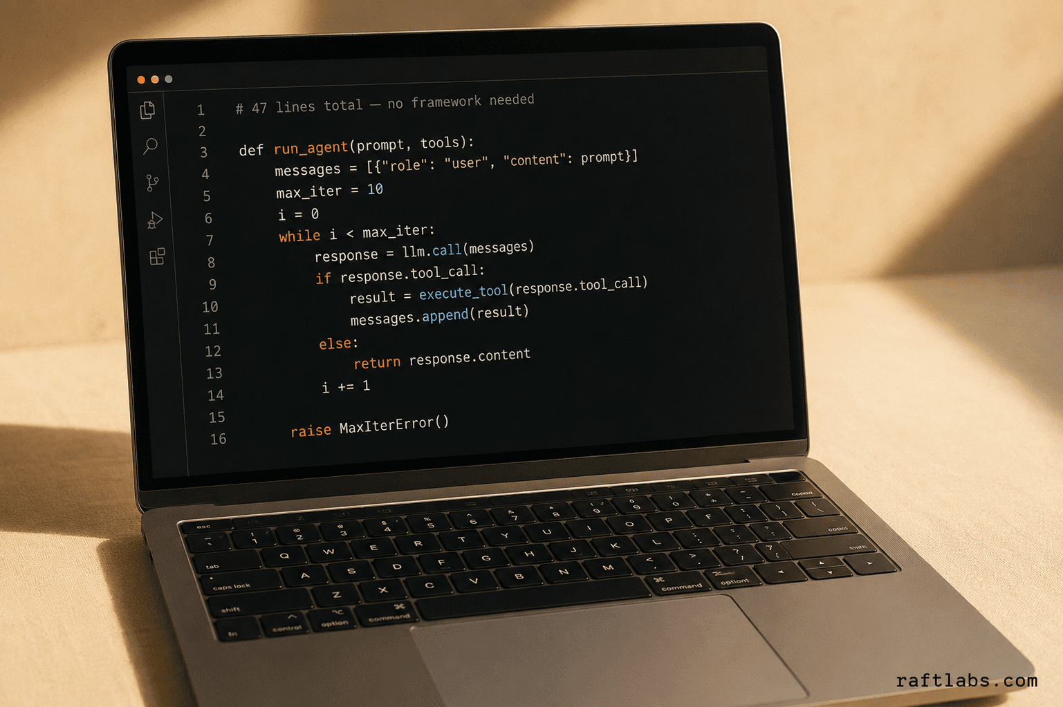 A compact Python custom agent loop — 47 lines, no framework, handles 70% of production AI agent use cases