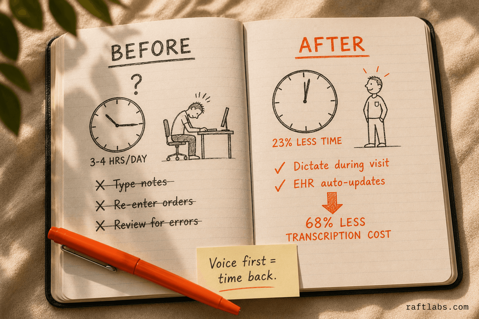Before and after: manual EHR entry versus voice-first clinical documentation showing time and cost savings