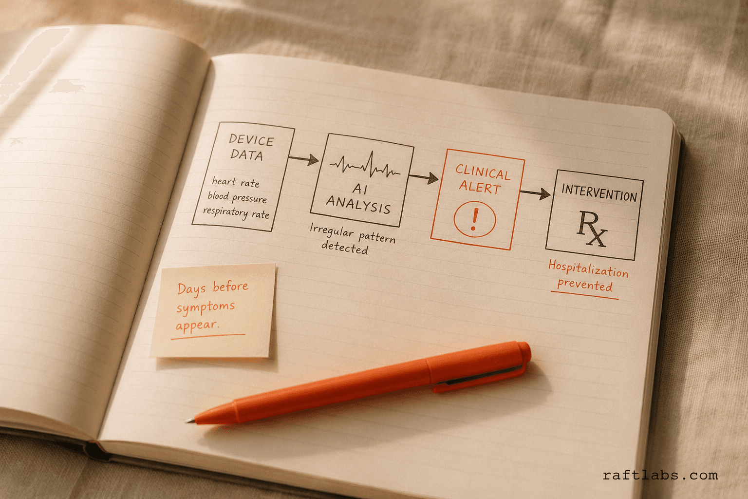 AI remote patient monitoring early detection flow: continuous device data feeds AI analysis, which triggers a clinical alert and enables intervention before hospitalization