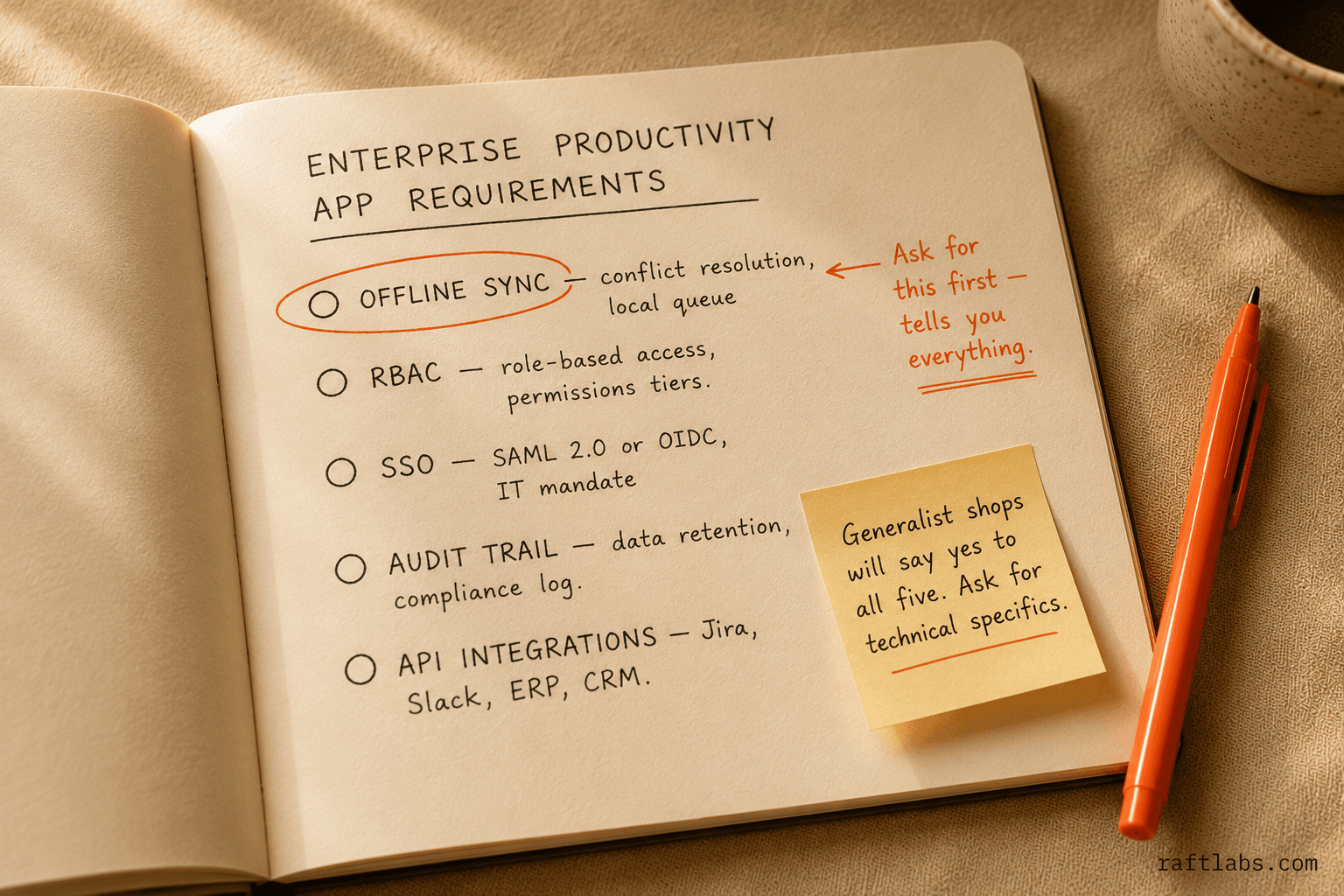 Enterprise productivity app requirements checklist: offline sync, RBAC, SSO, audit trail, and API integrations — the five technical requirements that separate enterprise mobile from general mobile