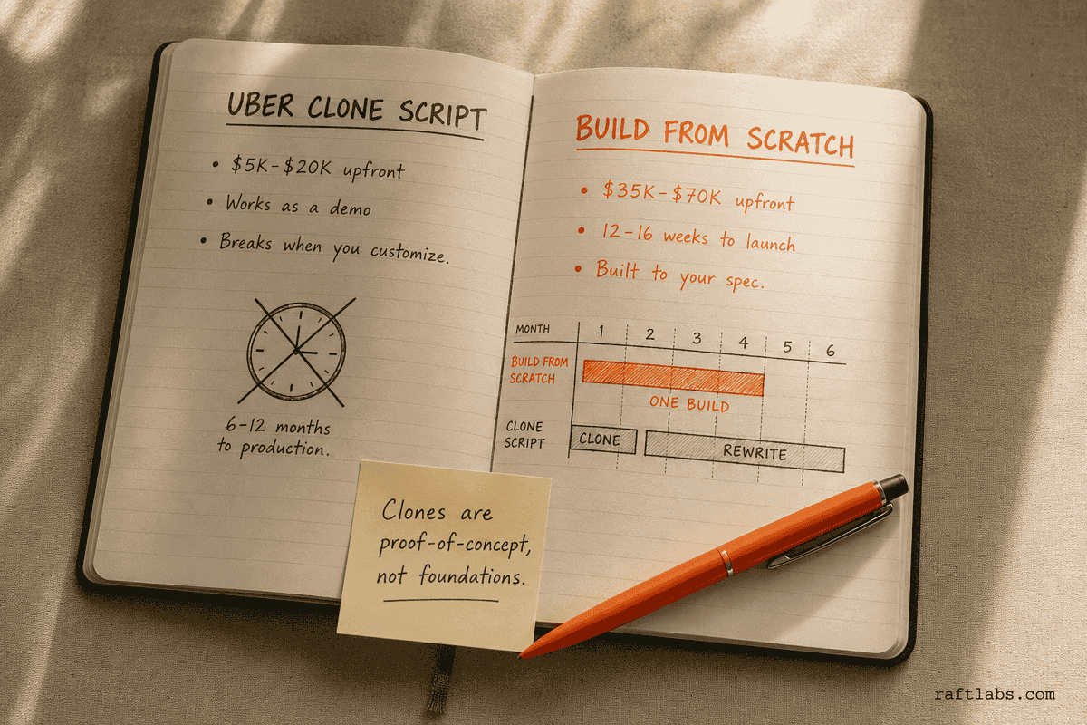 Comparison showing Uber clone script path versus building from scratch: clone scripts cost less upfront but almost always cost more at 12 months due to customization work
