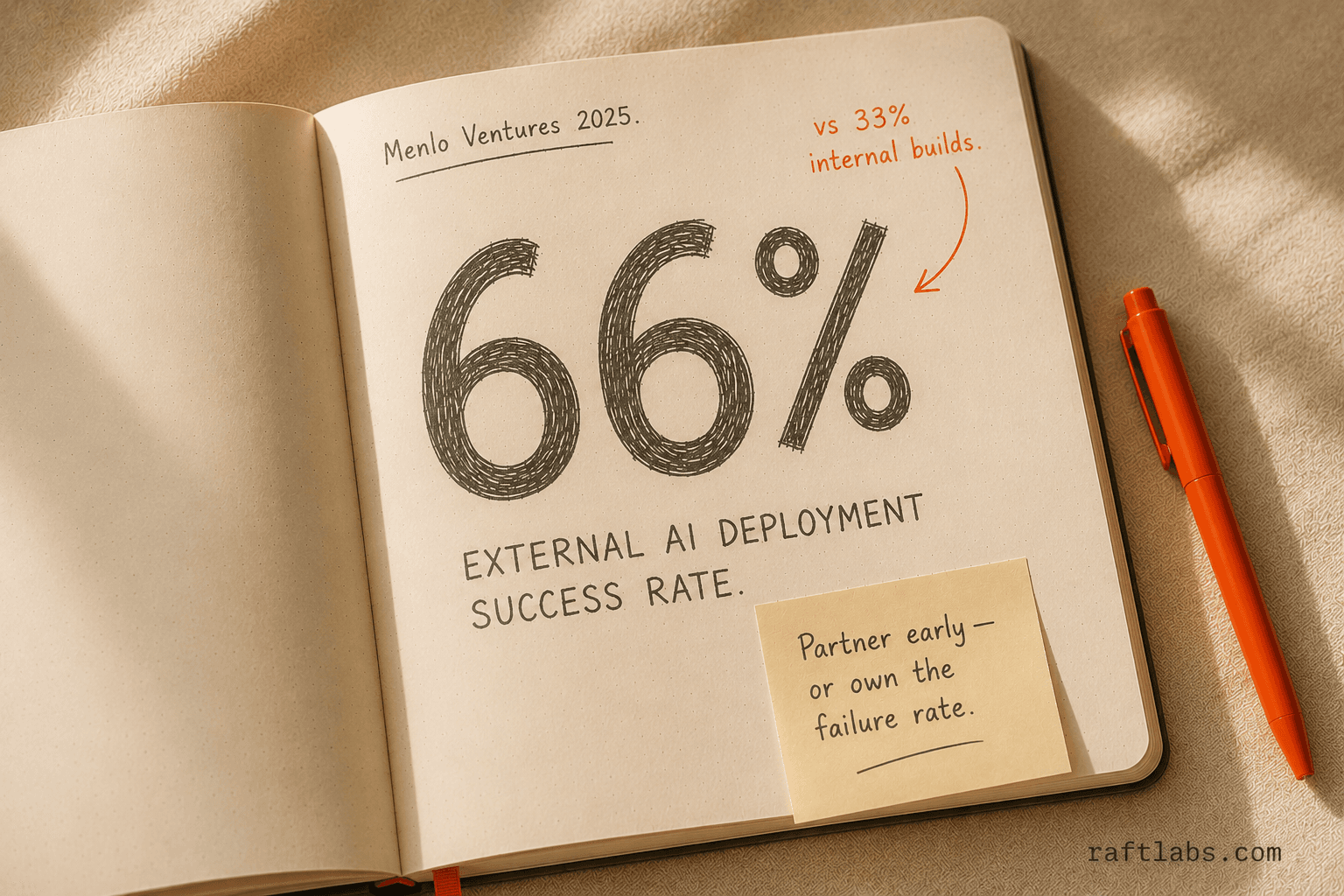 66% vs 33% AI deployment success rate — external partnerships vs internal builds (Menlo Ventures 2025)