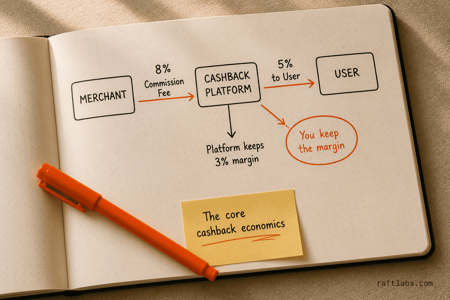 Affiliate commission flow: merchant pays platform, platform splits the fee keeping a margin and passing cashback to the user