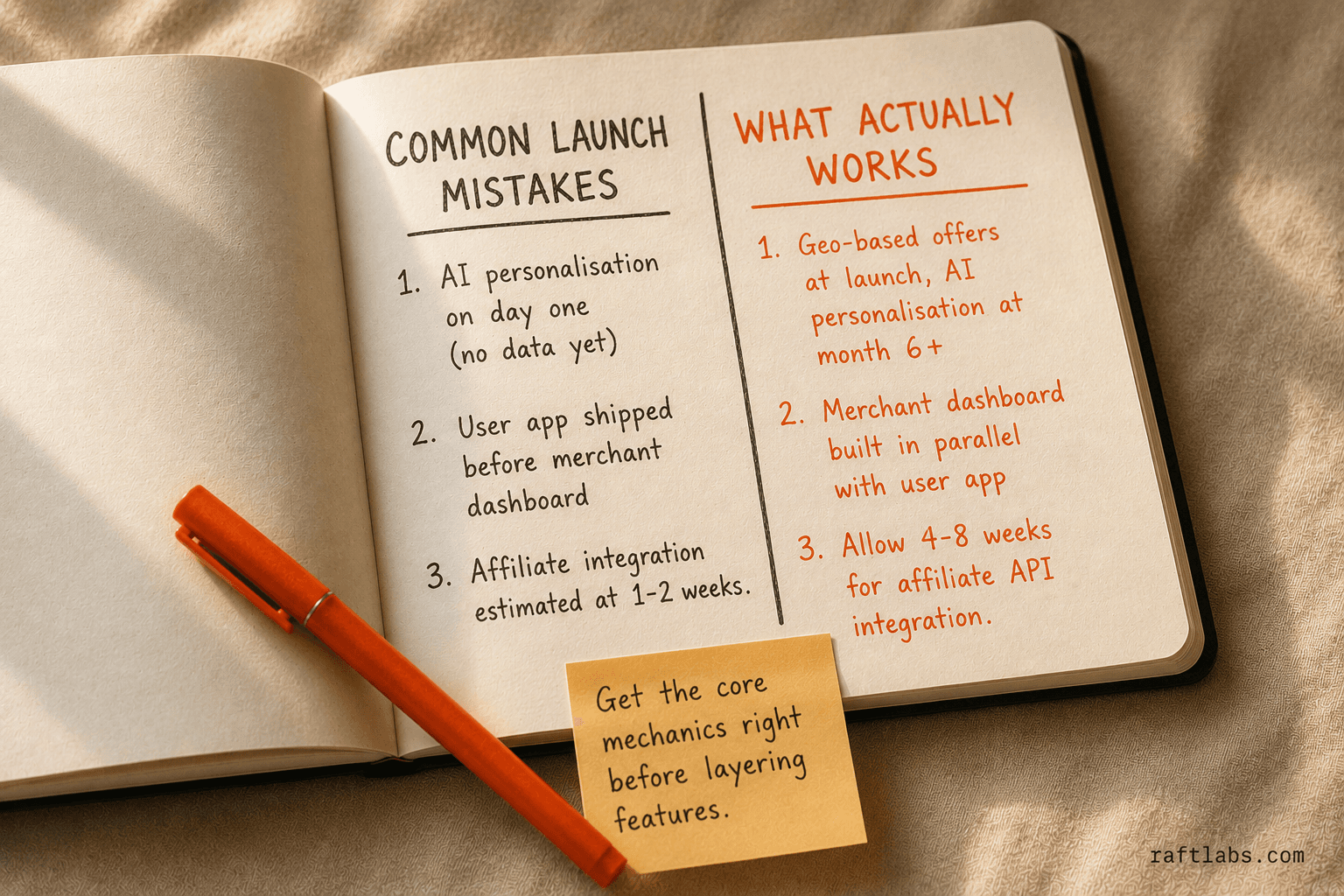 Common cashback app launch mistakes on the left versus what actually works on the right: geo-based offers first, merchant dashboard in parallel, realistic affiliate integration timelines