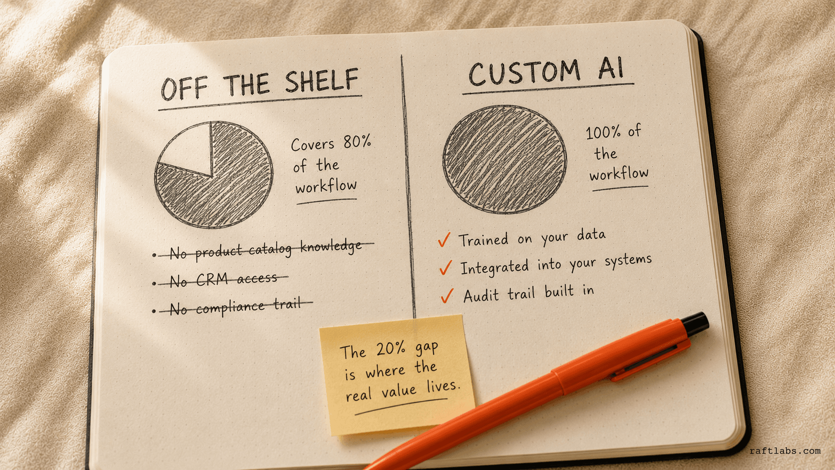 Before/after notebook comparison: off-the-shelf AI covers 80% of the workflow with gaps in proprietary data and compliance; custom AI covers 100% with CRM integration and audit trail