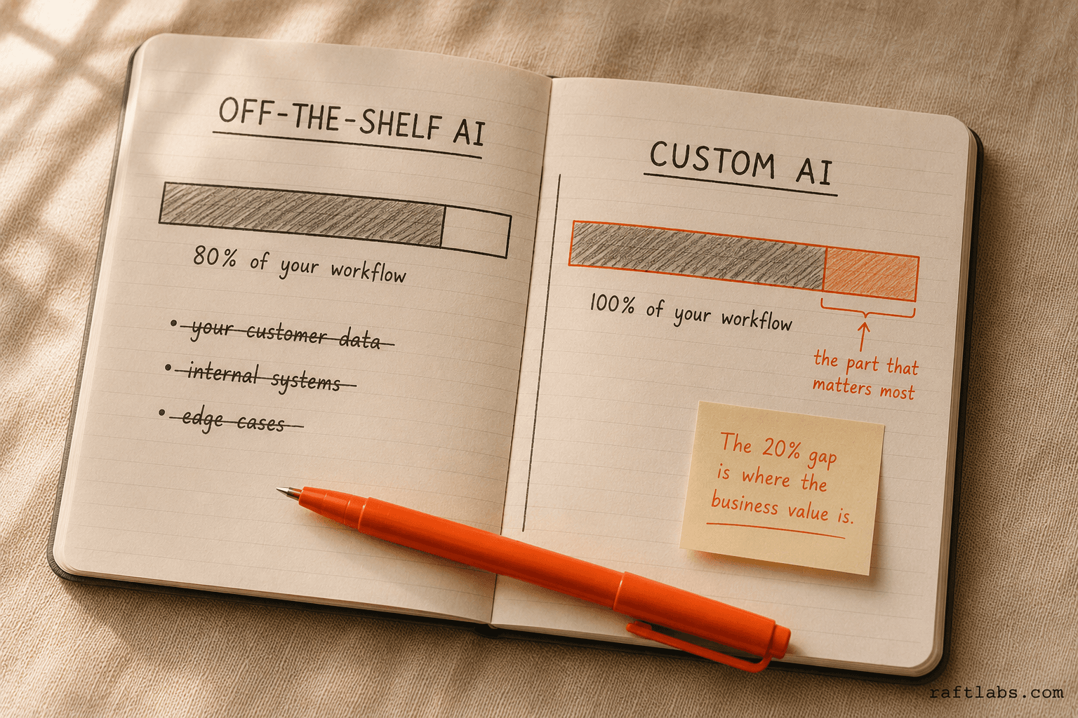 Before/after notebook sketch showing off-the-shelf AI covering 80% of workflow versus custom AI bridging the remaining 20% high-value gap