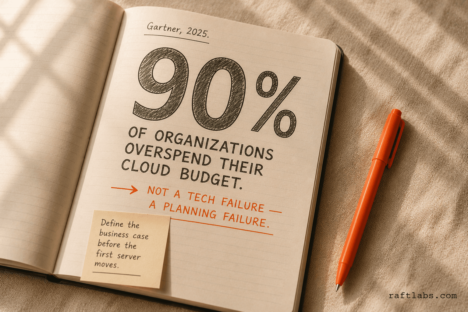 90% of organizations overspend their cloud budget - Gartner stat callout in a notebook