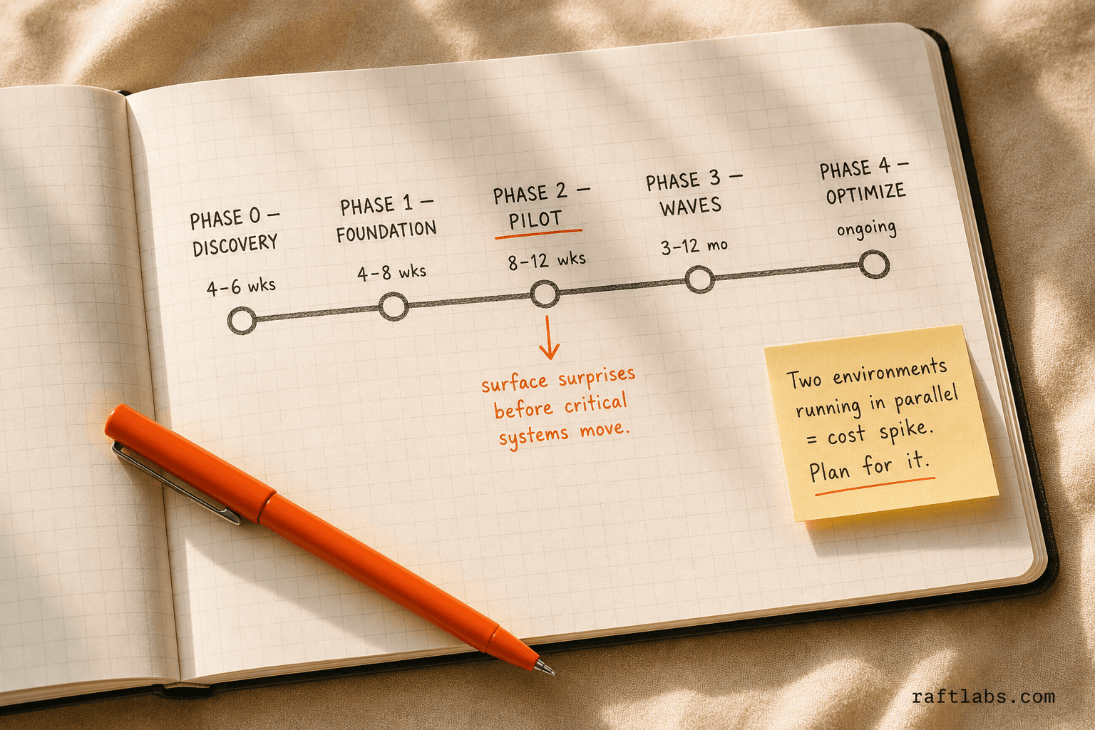 Five-phase cloud migration roadmap timeline from discovery through ongoing optimization - notebook sketch