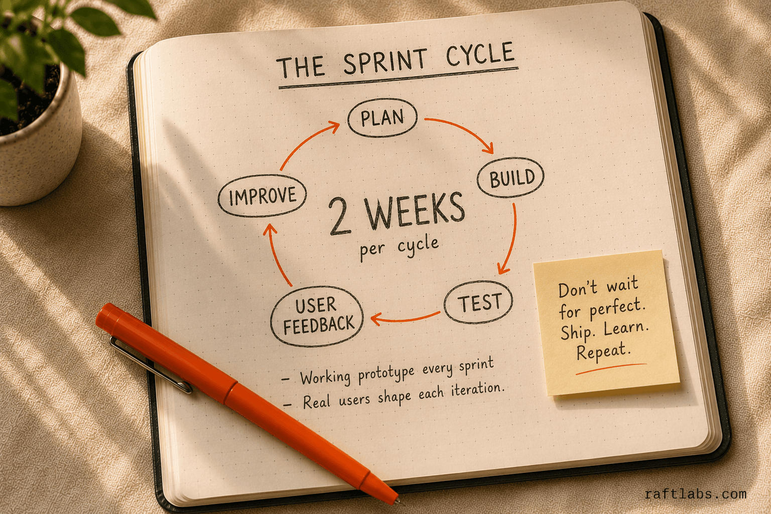 Agile voice AI development cycle: 2-week sprints from planning to prototype to user feedback