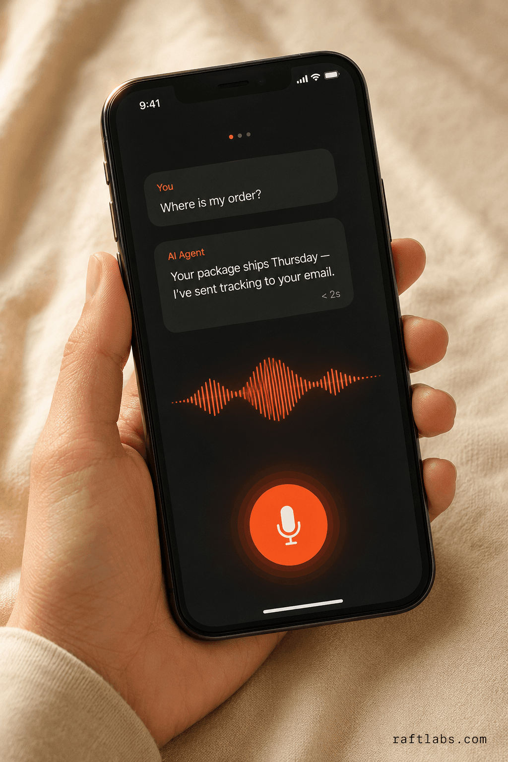 Voice AI agent interaction flow: customer speaks, agent queries live systems, responds in under 2 seconds