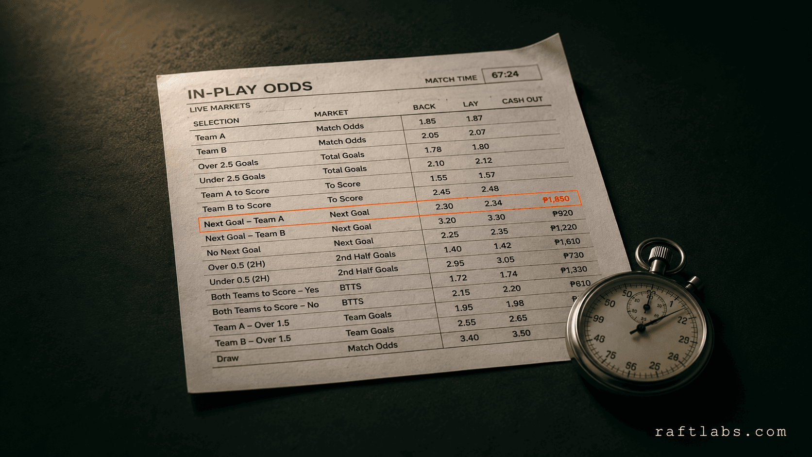 A printed live-odds board on a dark studio surface with one ember-orange accent