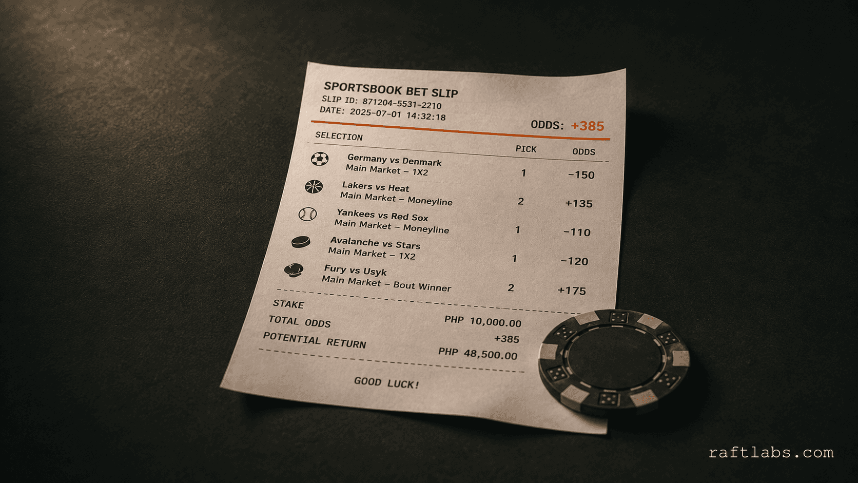 A printed sportsbook bet slip on a dark studio surface with a single ember-orange accent