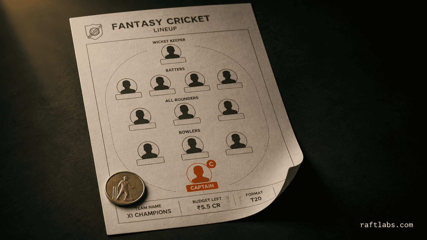 A printed cricket lineup card on a dark studio surface with one ember-orange accent