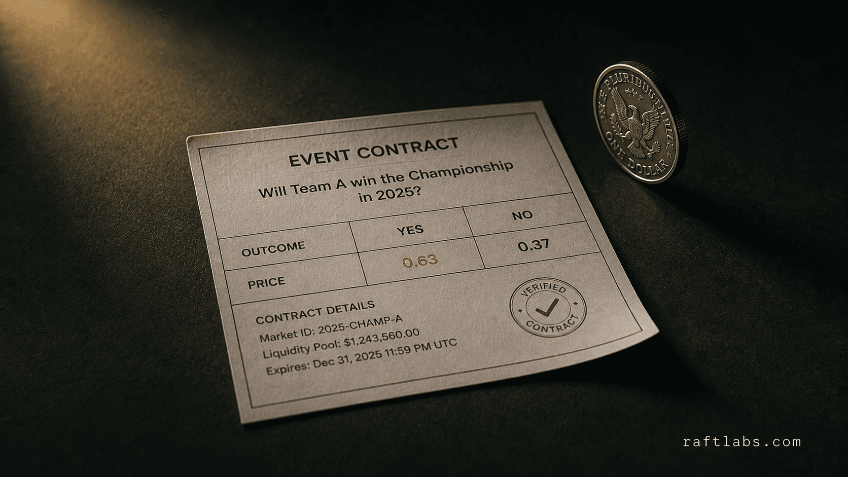 A printed yes/no event contract card on a dark studio surface with one ember-orange accent