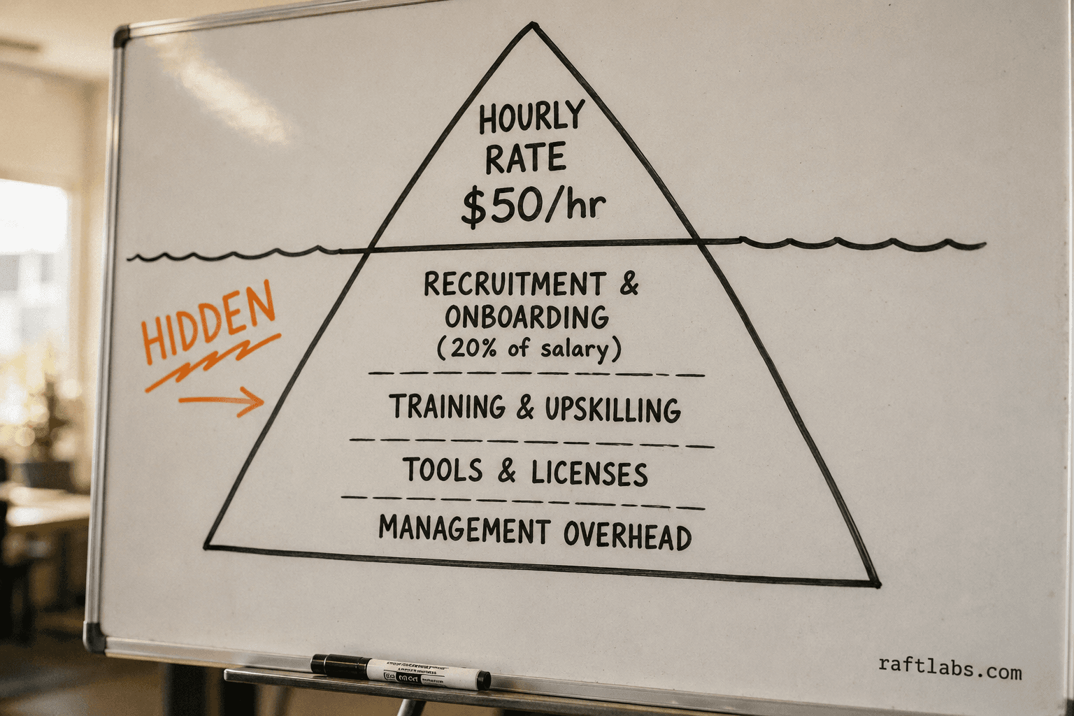 The iceberg of ReactJS developer cost: the hourly rate is visible above the waterline but recruitment fees, training, tooling, and management overhead are the larger hidden bulk below