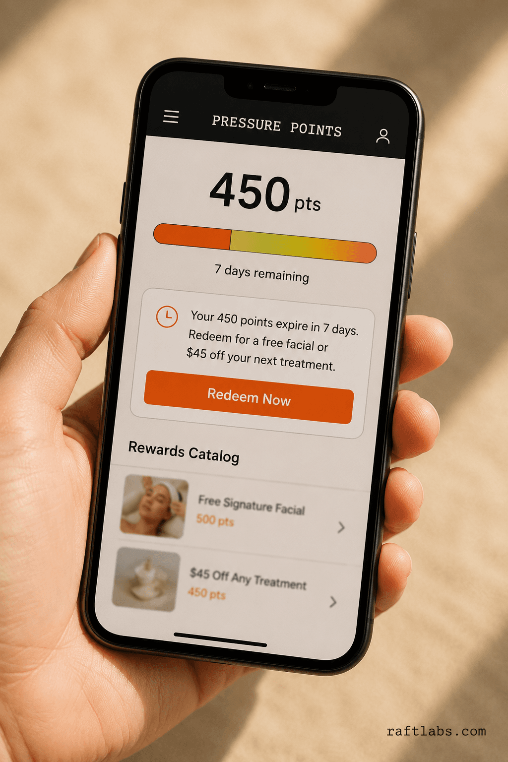 Med spa loyalty app showing expiring Pressure Points with a 7-day countdown timer and a push notification nudging the client to redeem