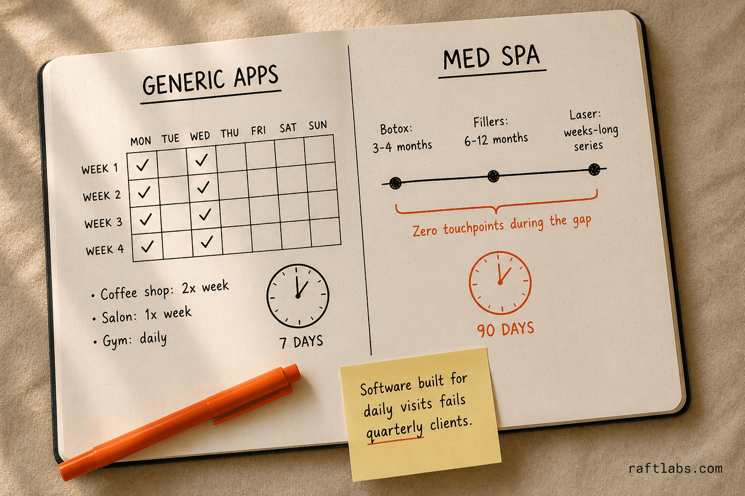 Generic loyalty software expects weekly visits while med spa clients return every 3 to 6 months — the cycle mismatch that breaks off-the-shelf platforms