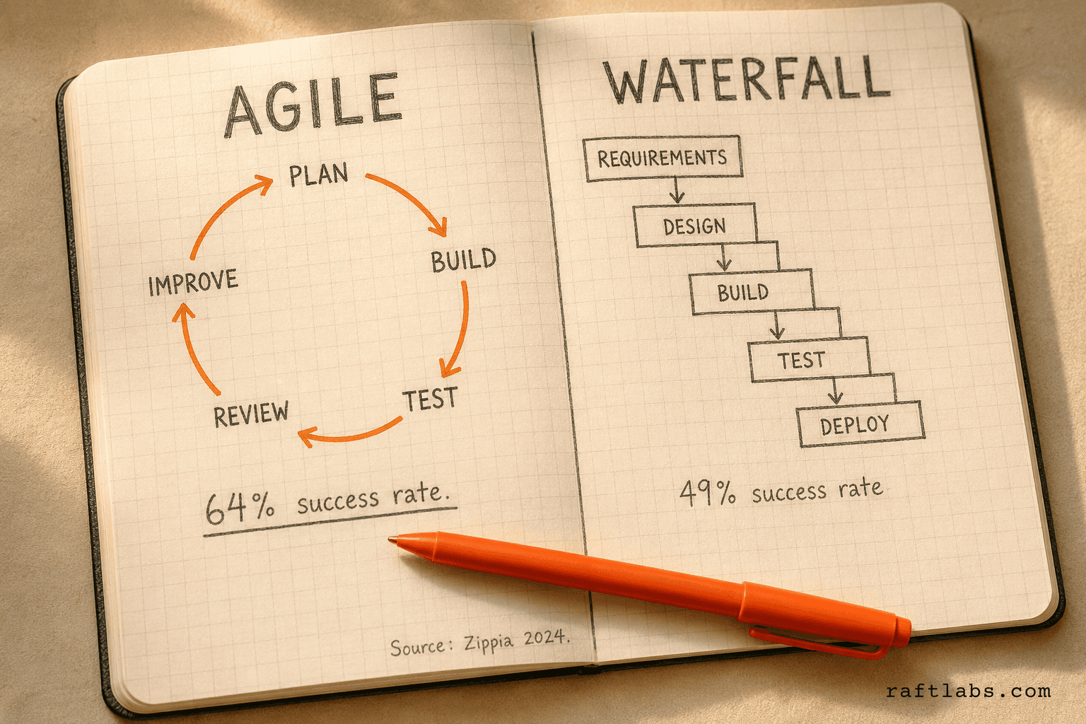 Agile vs waterfall methodology: 64% vs 49% success rate comparison
