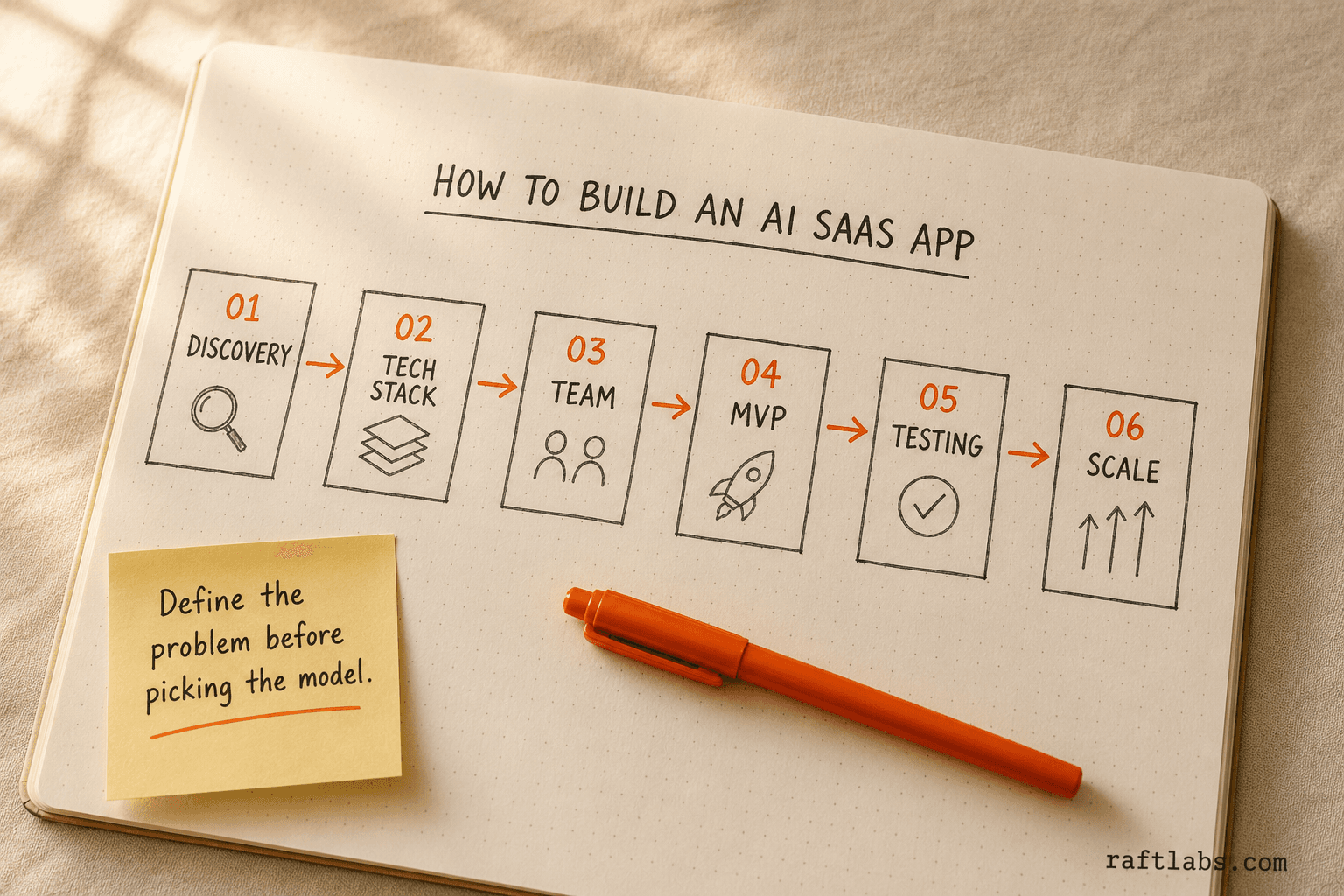 Six-step process for building an AI SaaS application: Discovery, Tech Stack, Team, MVP, Testing, Scale
