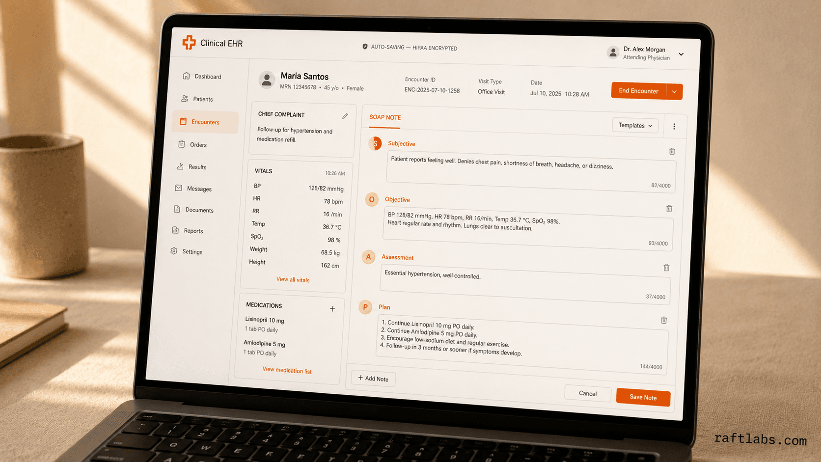 Custom EHR clinical documentation interface showing SOAP note editor with HIPAA-encrypted status on a laptop