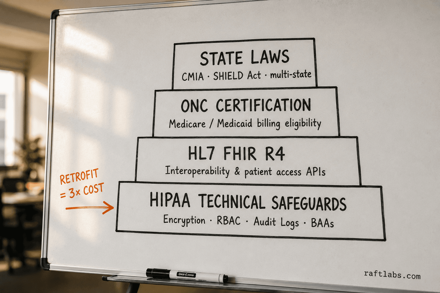 EHR compliance stack showing four layers - HIPAA technical safeguards at the base, HL7 FHIR R4 for interoperability, ONC certification for Medicare and Medicaid billing eligibility, and state-specific laws on top - with a note that retrofitting compliance costs three times more than designing for it upfront