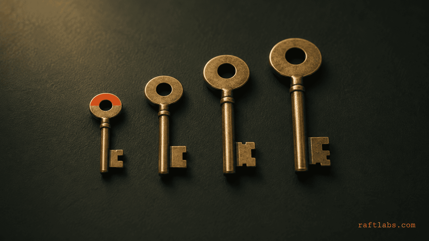 four brass keys of increasing size on a dark surface, the smallest tipped with orange - Enterprise LLM Development paths