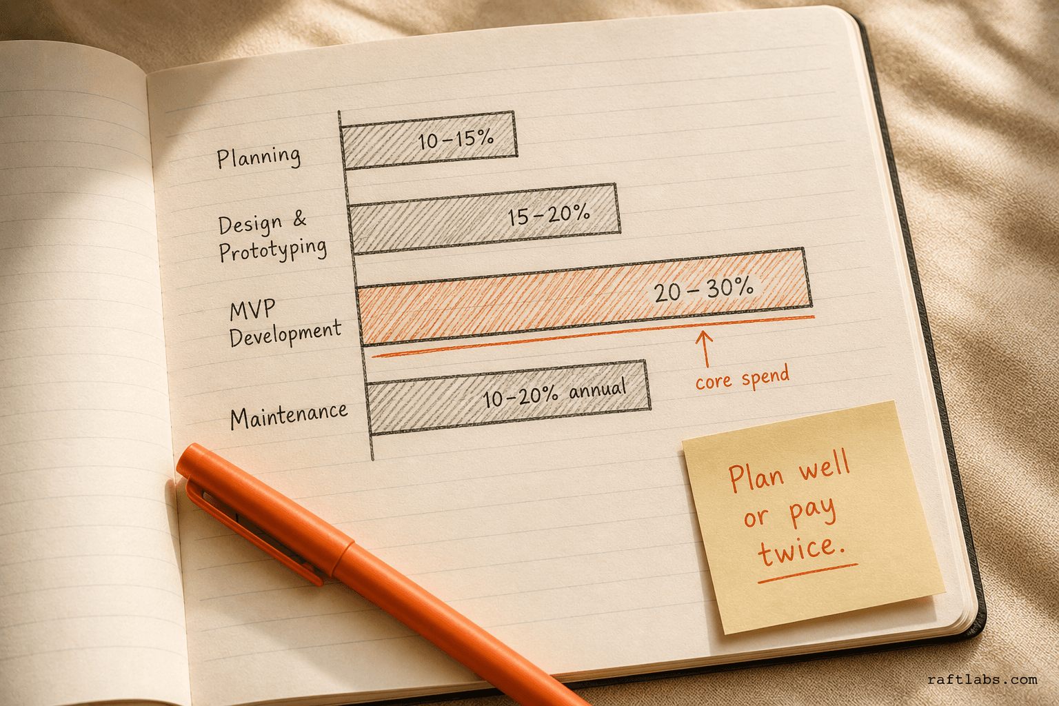 Healthcare app development phase cost allocation - planning, design, MVP development, and annual maintenance percentages