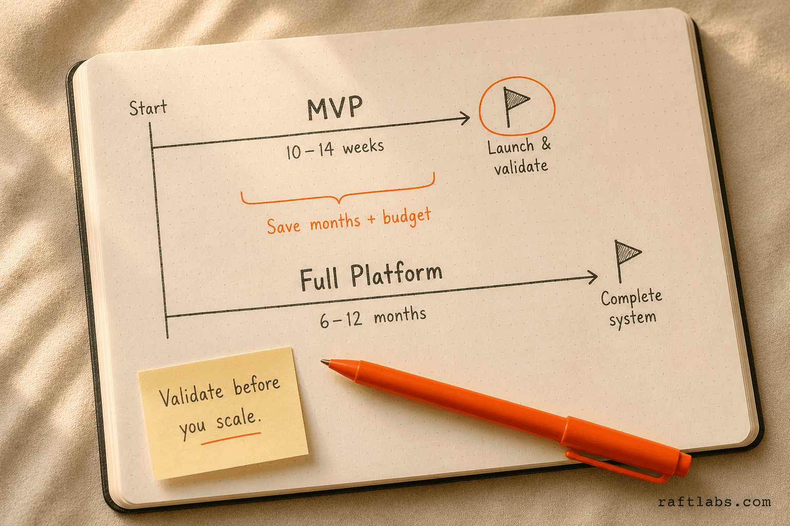 MVP vs full platform timeline comparison - 10-14 week MVP versus 6-12 month full platform build