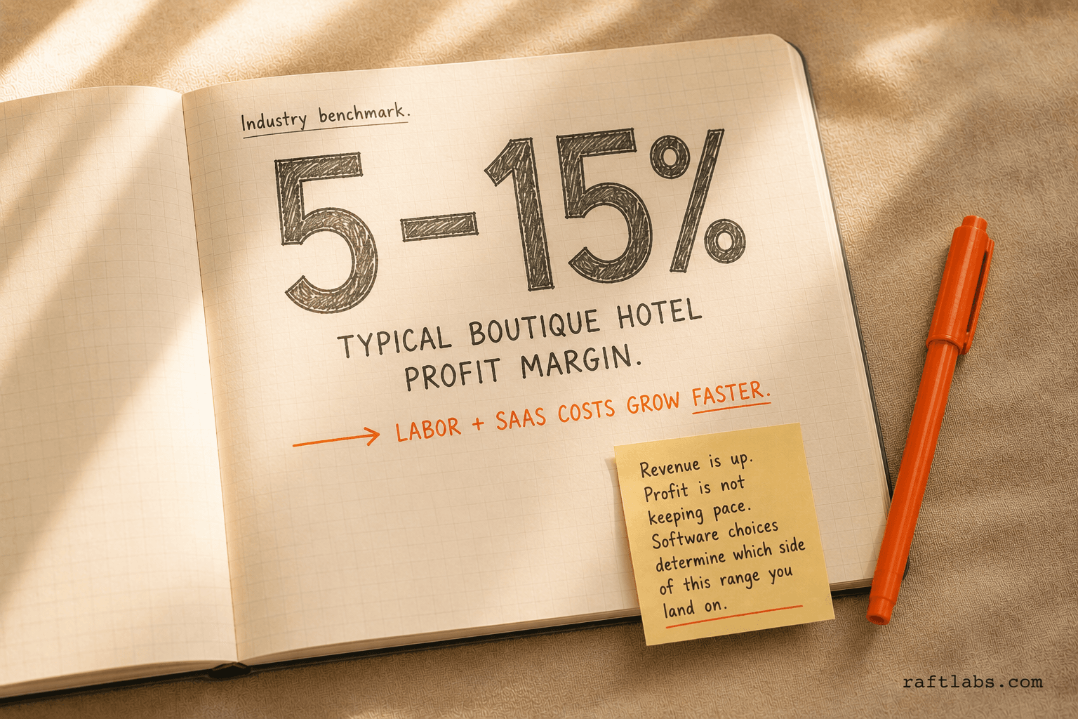 Boutique hotel profit margin benchmark showing the 5–15% range with annotation that labor and SaaS costs compound faster than revenue growth