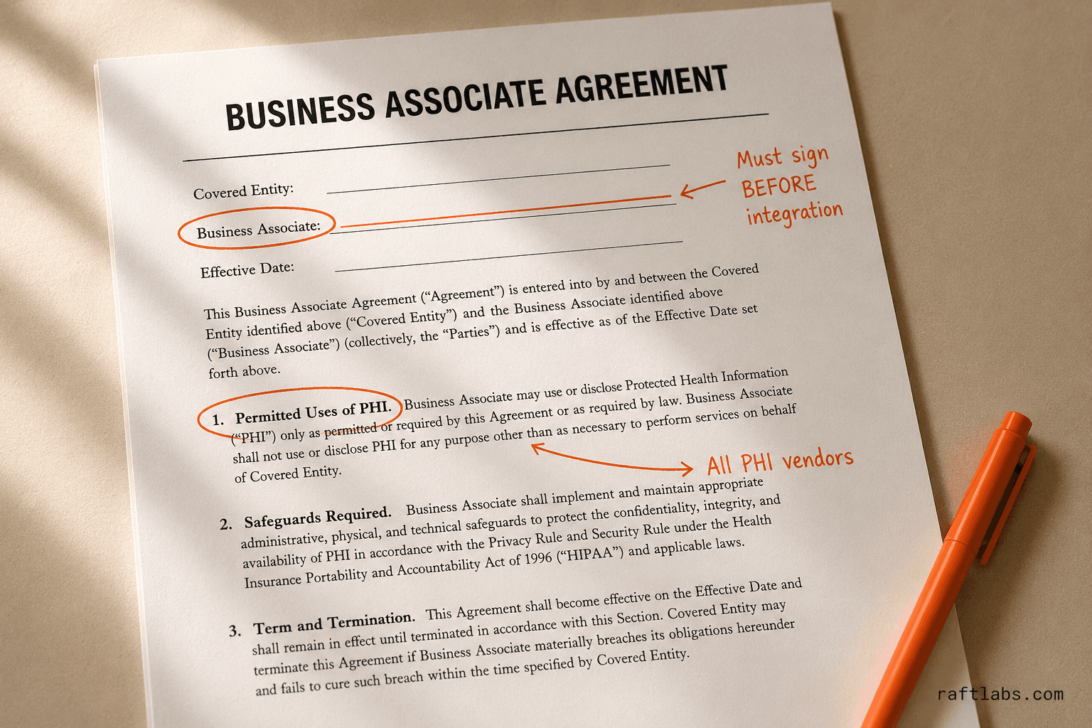 Business Associate Agreement document with orange ink annotations highlighting vendor fields and PHI usage terms — required before integrating any vendor that handles patient data