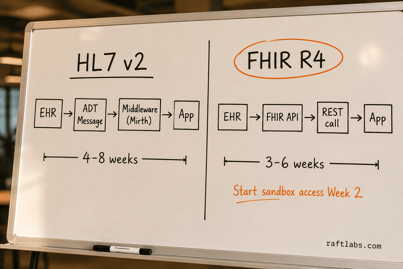 Whiteboard diagram comparing FHIR R4 REST API integration path versus HL7 v2 message-based middleware path, with FHIR circled as the recommended modern standard