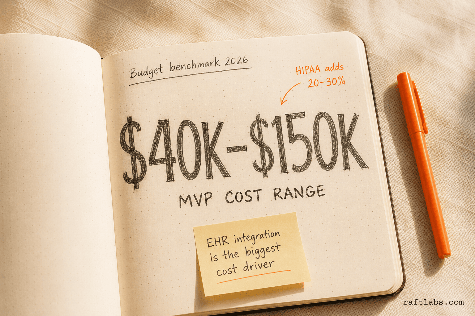 Healthcare app MVP cost range of $40K to $150K displayed as a dominant notebook figure, with annotation noting HIPAA adds 20 to 30 percent and EHR integration as the main cost driver