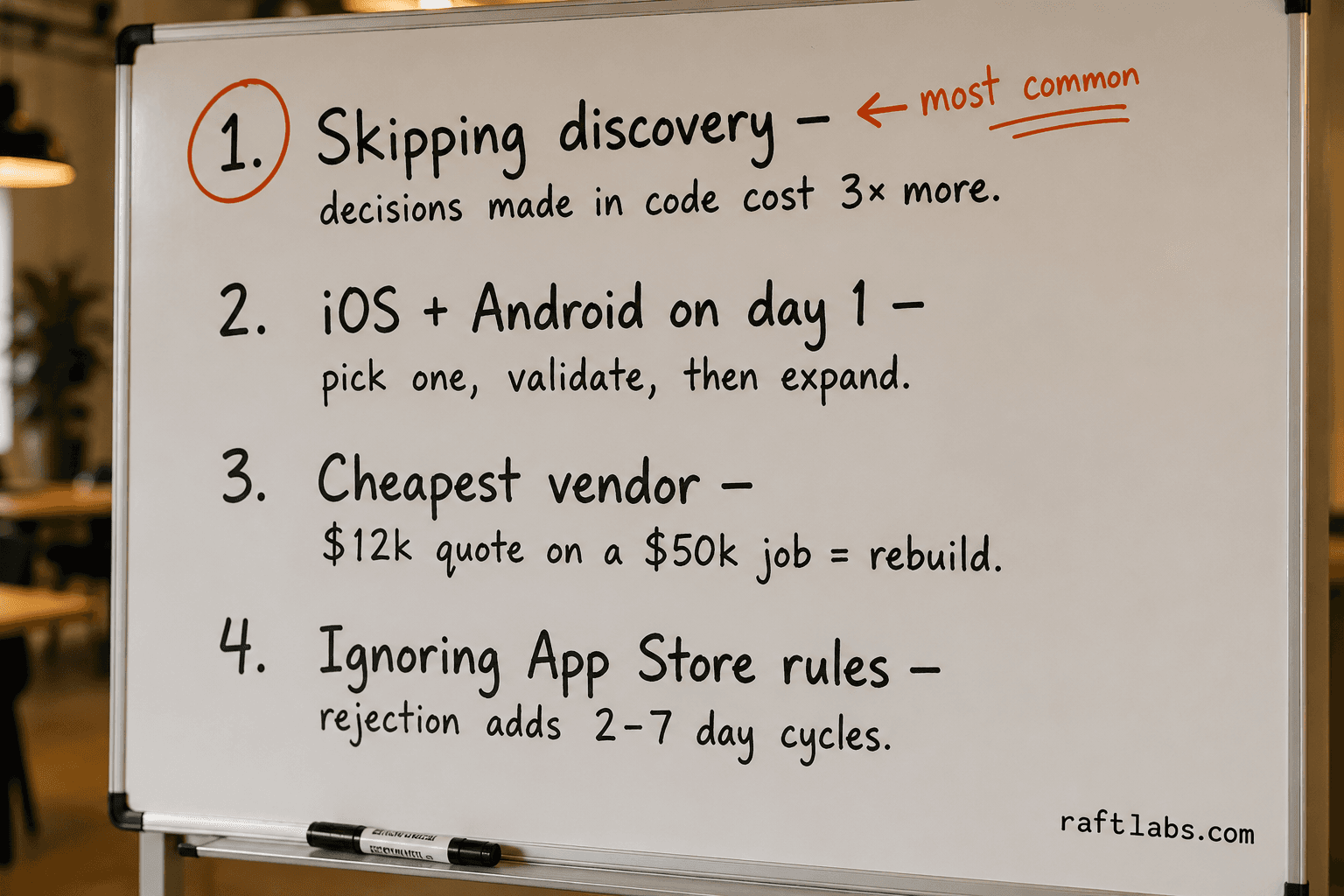 Four most common mobile app development mistakes written on a whiteboard