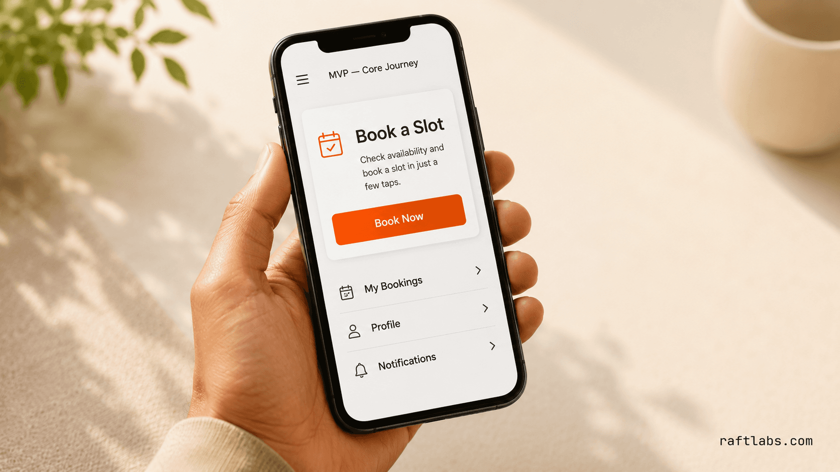 Mobile MVP app UI showing a single core user journey on a smartphone screen