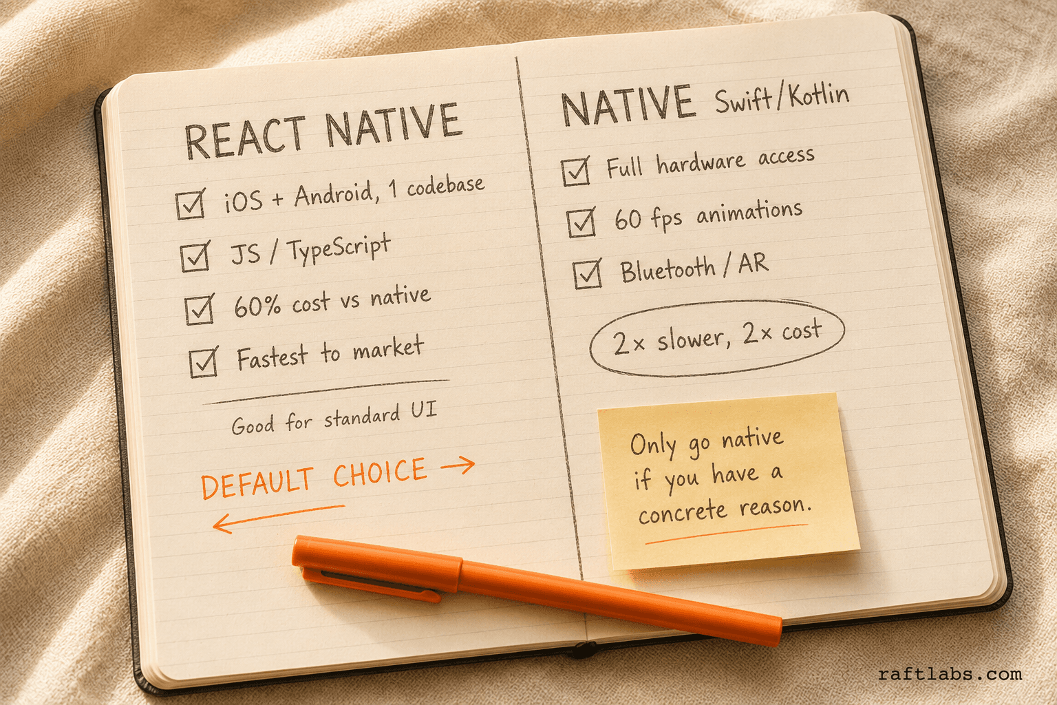 React Native versus native Swift/Kotlin decision comparison drawn as two columns in a notebook