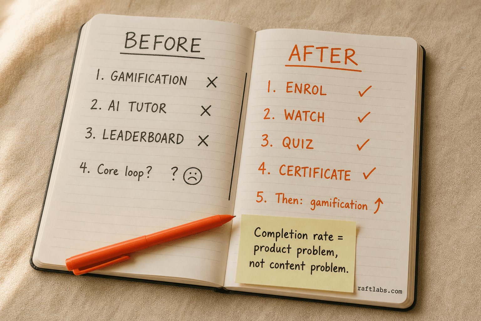 Before/after: wrong build order adds gamification first; right order locks in the core enrol-watch-quiz-certificate loop before adding extras